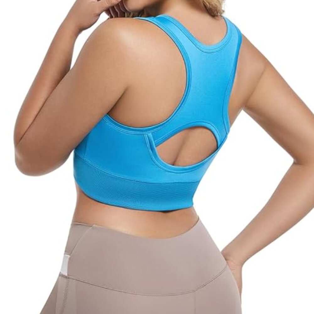 AspIresolar Women's Front Zip Up Blue Sports Bra. Size M. New with tags
